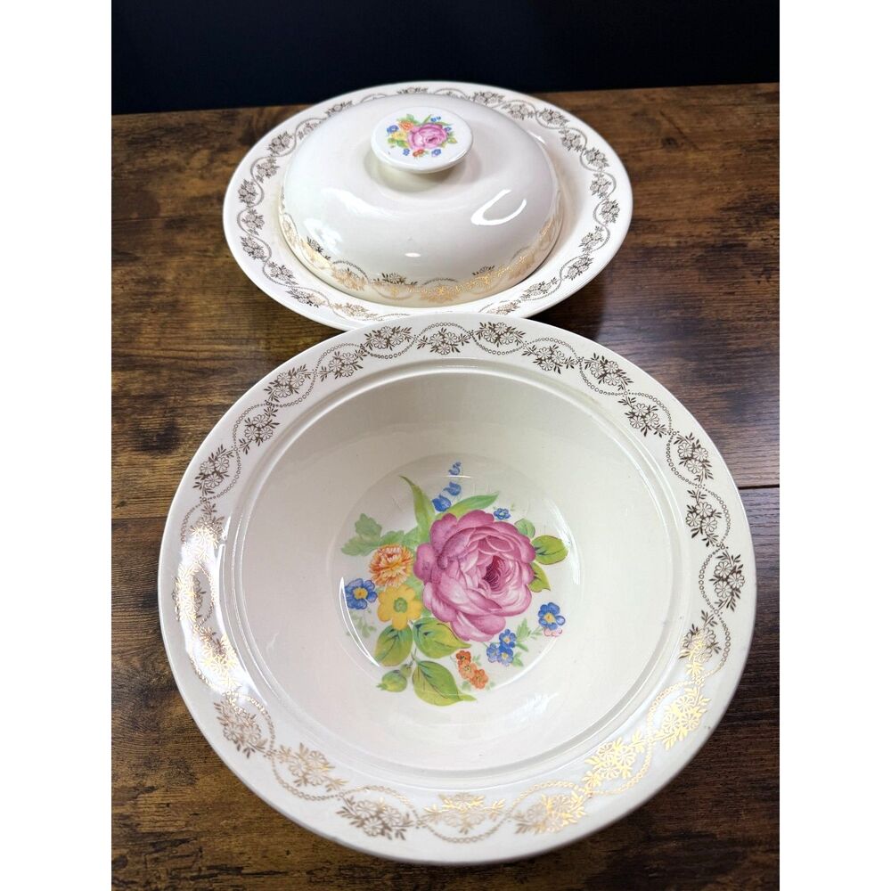 Vintage Royal China Daisy Ann 2-Pc Casserole & Vegetable Bowl Set 22K Gold
